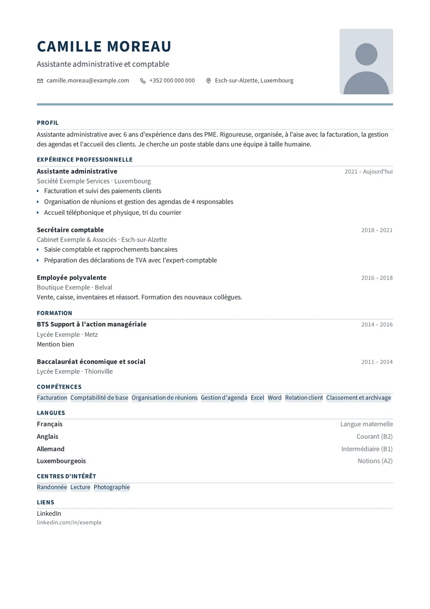 Aperçu du modèle de CV Professionnel classique avec des données fictives