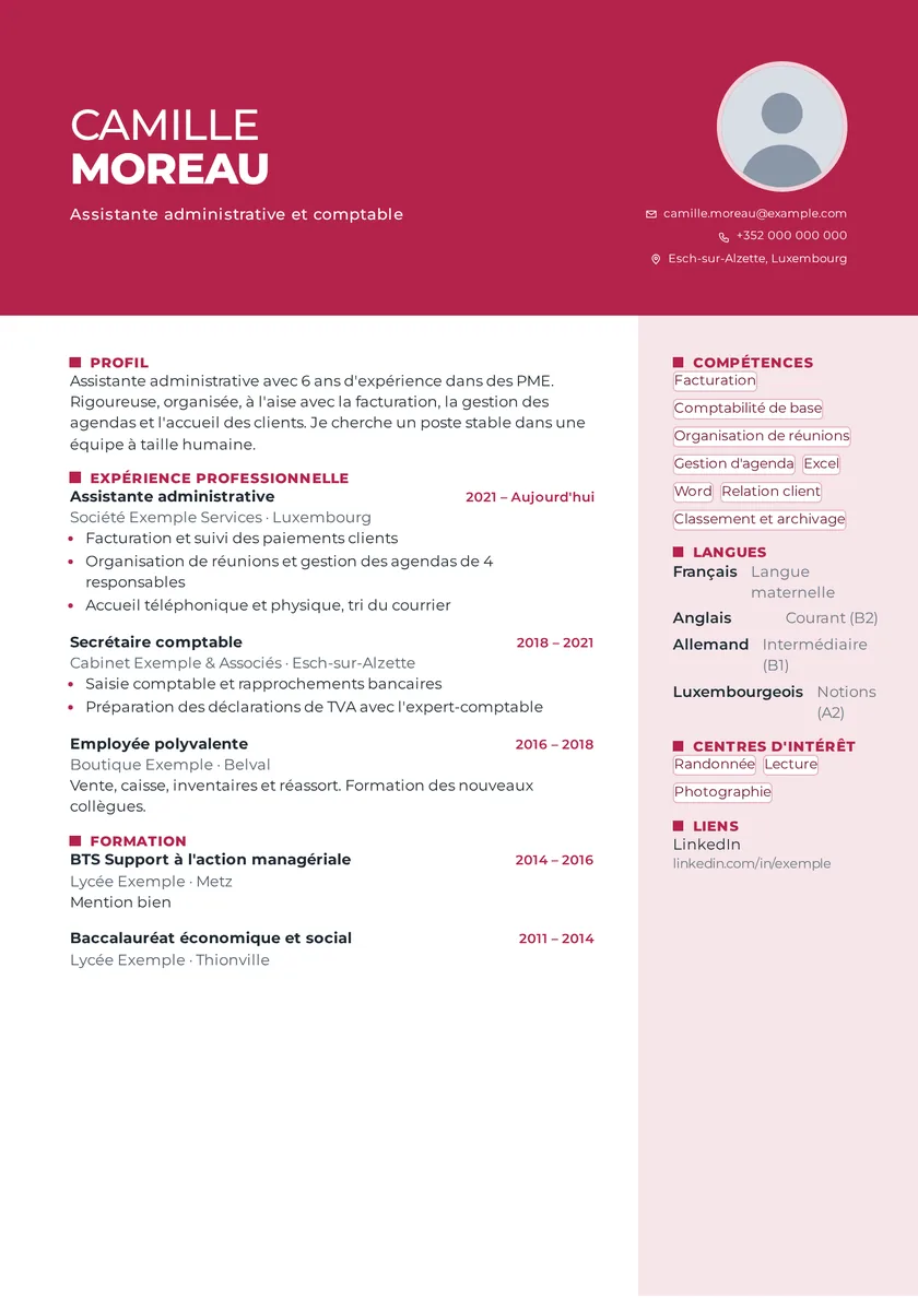 Aperçu du modèle de CV Couleur forte avec des données fictives
