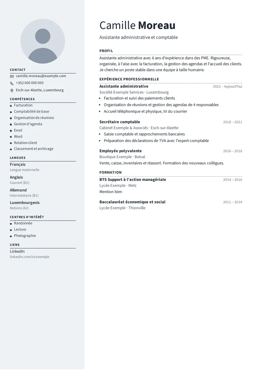 Aperçu du modèle de CV Deux colonnes avec des données fictives