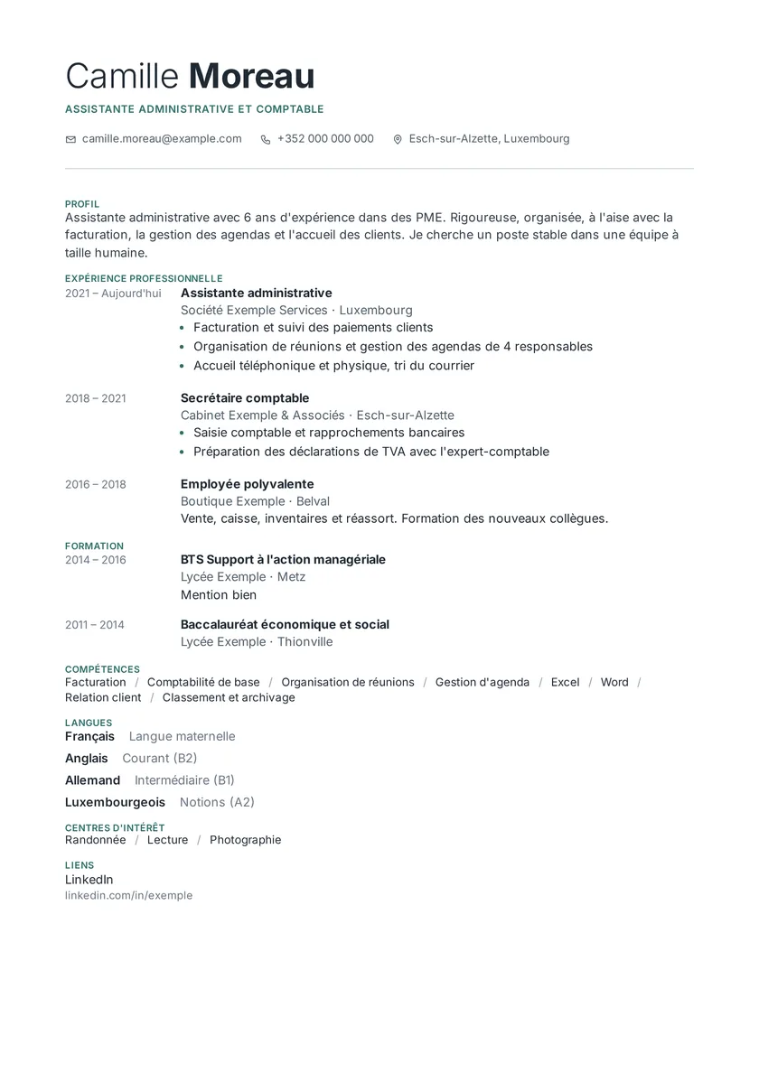 Aperçu du modèle de CV Minimaliste avec des données fictives