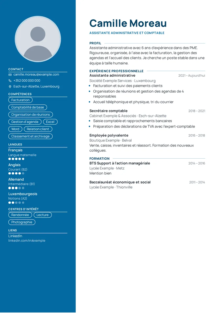 Aperçu du modèle de CV Avec photo avec des données fictives
