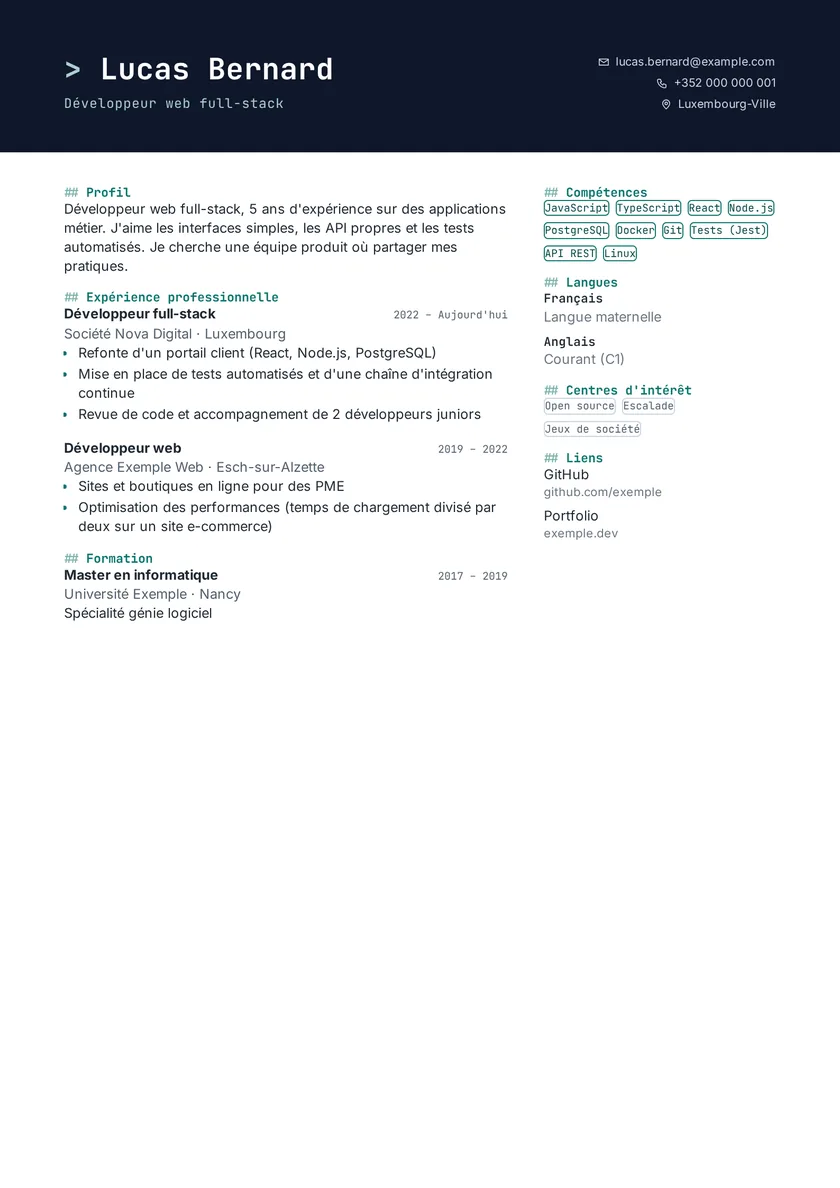 Aperçu du modèle de CV Tech avec des données fictives