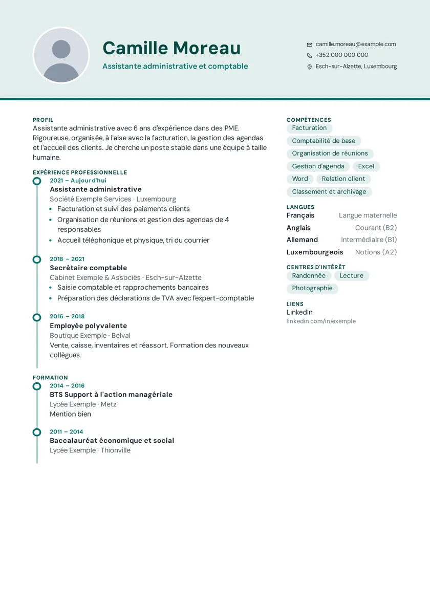 Aperçu du modèle de CV Chronologie avec des données fictives